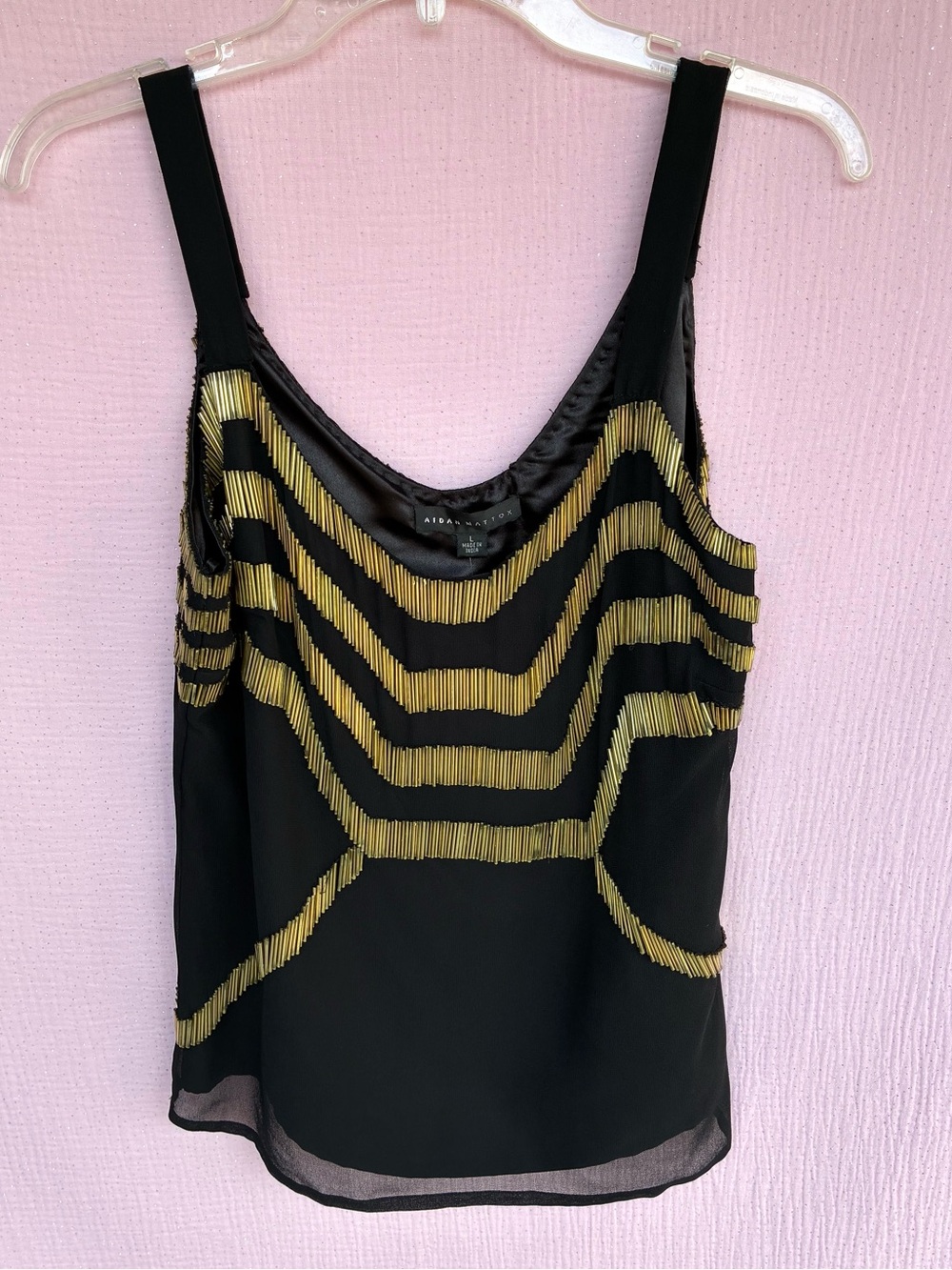 Aidan Mattox Black & Gold Beaded Chiffon Tank Top NWT Size Large